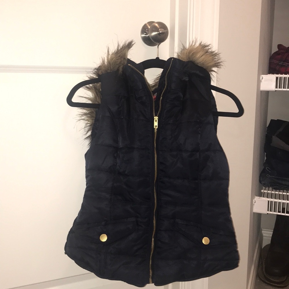 H&M Navy Puffer Vest with Faux Fur Hood